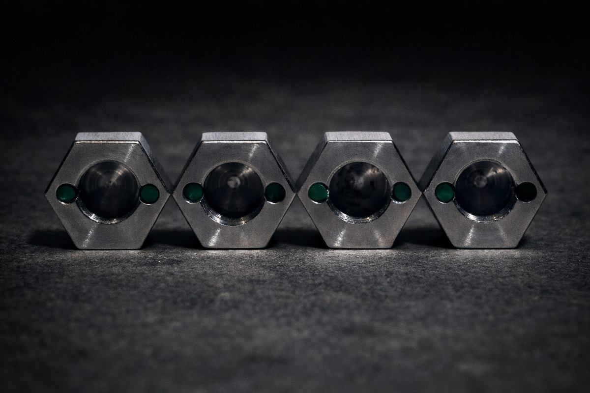 Four stainless steel Dognuts viewed from the back, with green locking pegs beside each threaded opening.