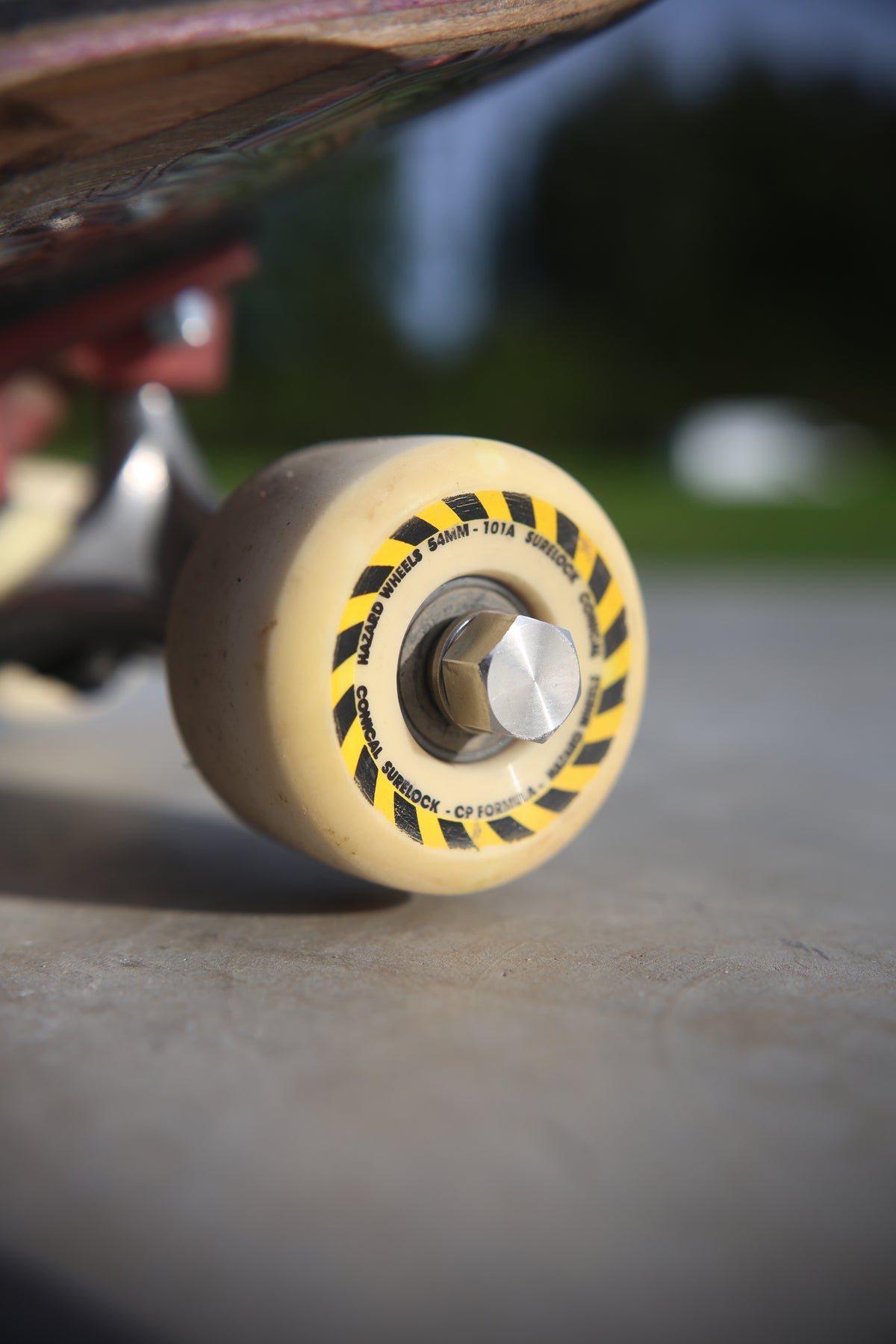 Close-up of a stainless steel Dognut fitted to a skateboard wheel