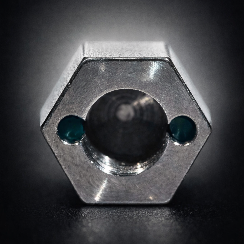 Back of one stainless steel Dognut with the threaded opening and two green locking pegs visible.